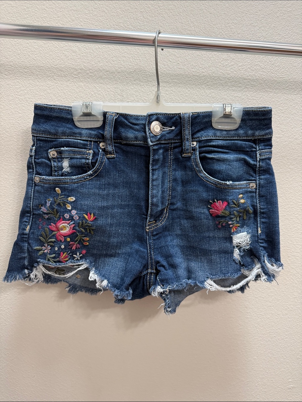 Women’s American Eagle Outfitters Embroidered Floral Distressed Jean Shorts Sz 4